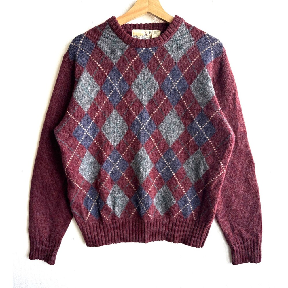 VTG Highland Men’s L Shetland 100% Wool Maroon Argyle Sweater Knit Grandpa Core